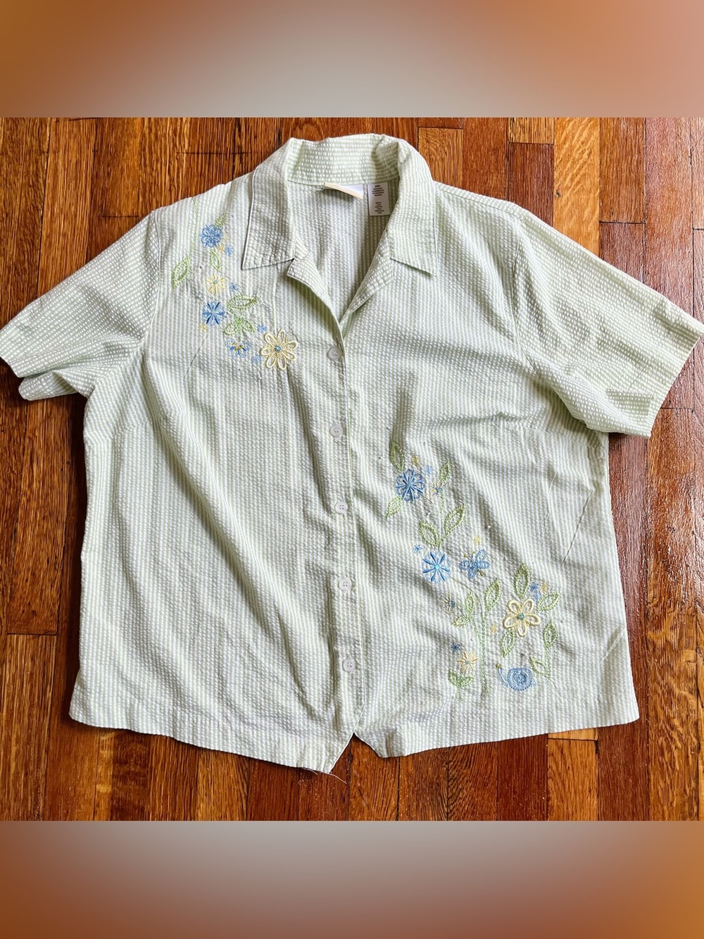 Green and white striped floral embroidered button down shirt - Picture 3 of 7